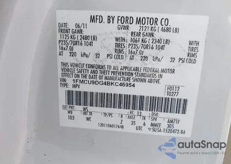 2011 Ford Escape Xlt z USA, uszkodzony, nr VIN 1FMCU9DG4BKC46954